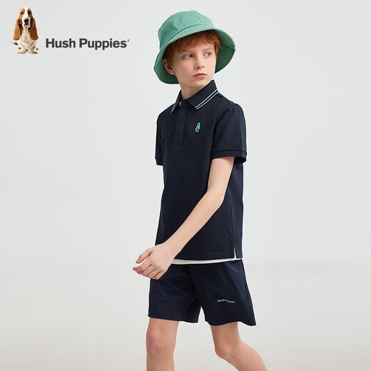 Hush Puppies quick-drying children's clothing for boys and girls in summer, handsome, simple, contrasting colors, holiday style, casual POLO short sleeves, navy blue 130
