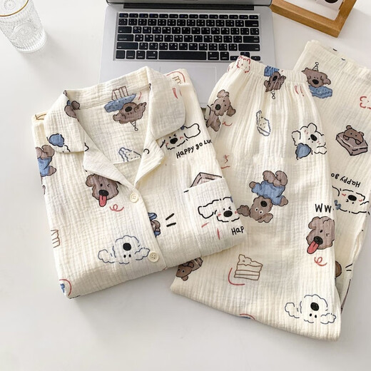 Mu fengqing süßer Welpe Japaner reines Baumwoll süßer Pyjama Frauen Frühling und Herbst Lose Langarmhosen süße Heimkleidung Set 833 Blaue Tulpen [doppelte Länge] Stoff M [Vorgeschlagen 75-95 Jin [Jin gleich 0,5 kg]]]