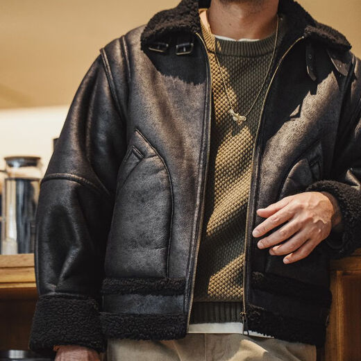 马登工装 美式复古B3轰炸机皮衣夹克皮毛一体加绒机车麂皮外套男冬 咖啡色 M