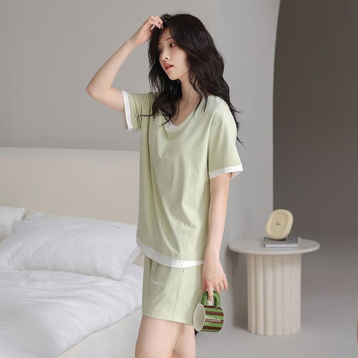Pyjamas für Frauen, Sommershorts, runder Nacken, lässig mit Brustpolstern können außerhalb von Heimkleidung getragen werden.