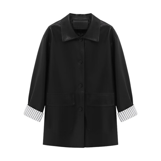 Basic House/Baijiahao Korean striped splicing PU leather jacket spring retro lapel jacket top for women black L