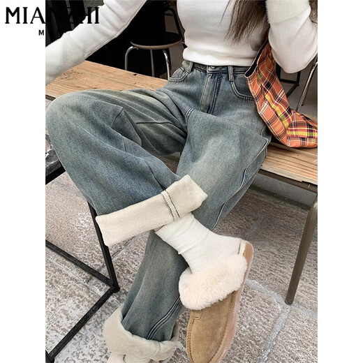 Cotton American Velvet verdickte Retro-Slim-Jeans für Frauen im Herbst und Winter lose hohe Taille, die gerade-leg-Gelegenheitshose für Frauen 683 Retro Blau [hohe Qualität ohne Vlies 31,5] XL 120-130jin [Jin gleich 0,5 kg]