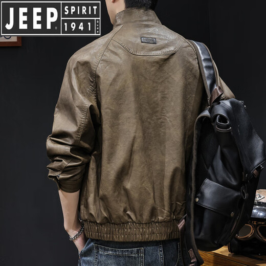 JEEP SPIRIT high-end leather jacket men's autumn and winter 2025 new men's velvet thickening large size trendy brand clothes motorcycle black gray XL suitable for 140-160Jin Jin equals 0.5 kg