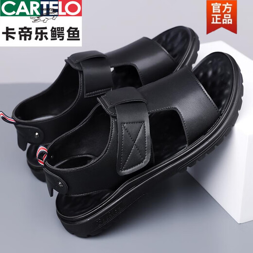 CARTELO Sandals Men's genuine leather 2025 new summer breathable non-slip outdoor beach shoes casual thick-soled driving sandals CLP6189 black 38