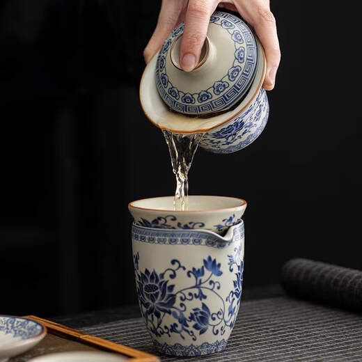 咏幻汝窑青花茶具套装新款家用泡茶器轻奢功夫茶杯盖碗礼盒装 9214羊脂玉江山素烧---- 0个