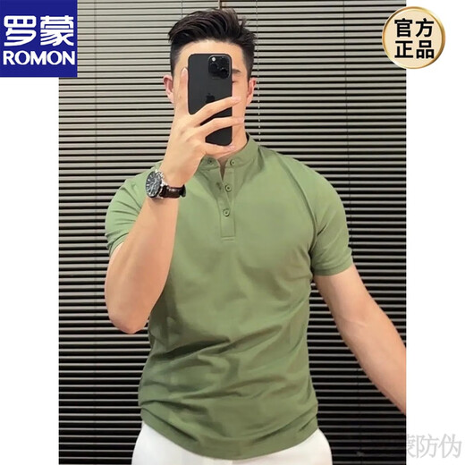 罗蒙（ROMON）商务亨利POLO.衫半袖男士夏季高质量痞帅风健身收袖口正肩短袖T恤 黑色 M