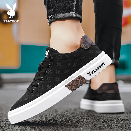 Playboy (PLAYBOY) men's shoes 2025 summer canvas shoes men's breathable board shoes ice silk casual sneakers black 41