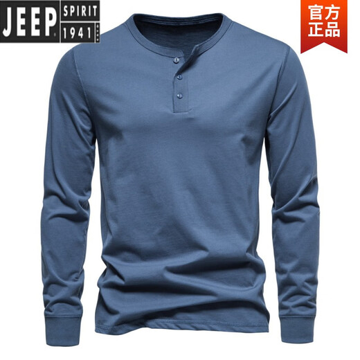 JEEP SPIRIT Henley shirt men's spring and autumn heavyweight t-shirt pure long-sleeved Henley collar quality cotton men's business bottoming shirt slim fit top light gray 3XL