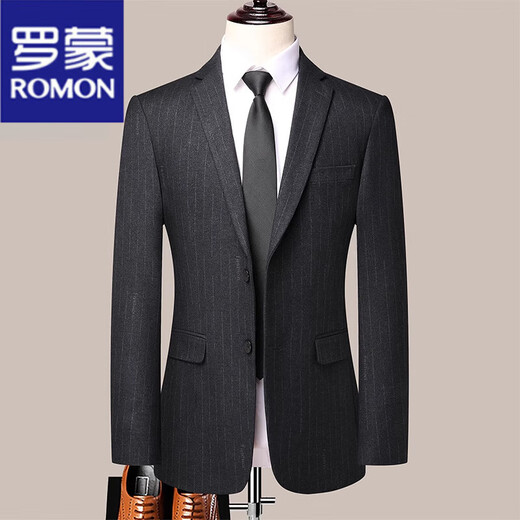 罗蒙（ROMON）条纹西装男士套装正装职业结婚新郎礼服修身商务休闲伴郎西服外套 黑灰8983 【单件上衣】 170【建议95-115斤】 M