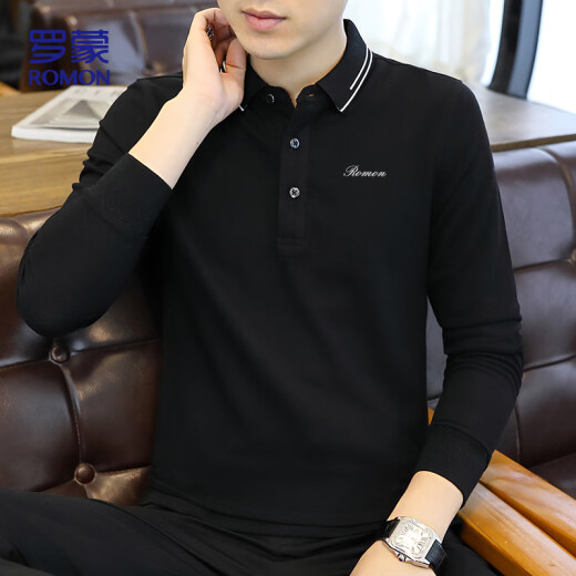 ROMON POLO shirt men's spring and autumn business comfortable long sleeve casual simple lapel breathable T-shirt top PO98 black 5XL