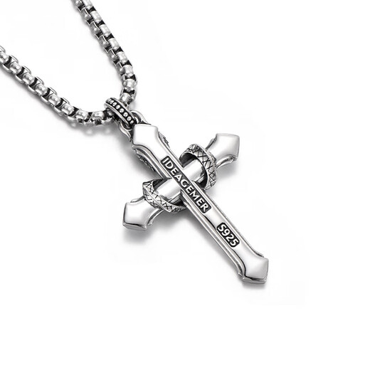 IDEAGEMER Teng She series 925 silver cross necklace men's high-end original niche snake year animal year pendant 925 silver Teng snake cross pendant-steel chain-55CM
