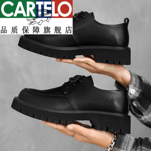 卡帝乐鳄鱼（CARTELO）品牌真皮皮鞋男款英伦风真软皮男士休闲商务大头厚底春季增高韩版 黑色6625 38