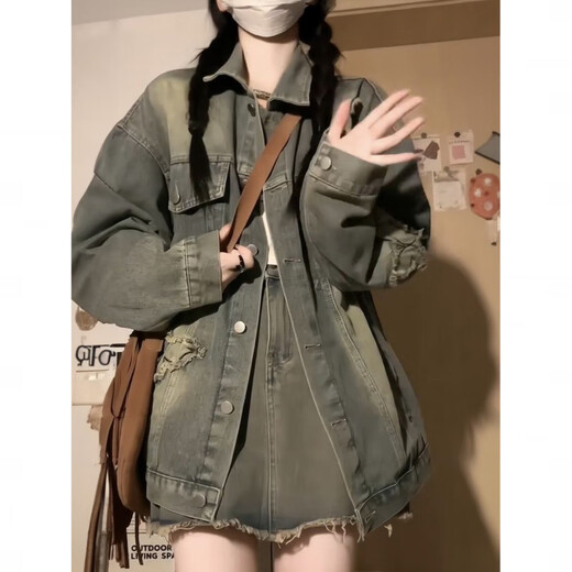 AC-Aichen Veste en jean brodé de mi-longueur pour les femmes au printemps et automne 2025 Nouveau design déchiré veste rétro en baisse du haut rétro simple pièce 12401 # S (95jin [Jin est égal à 0,5 kg]))