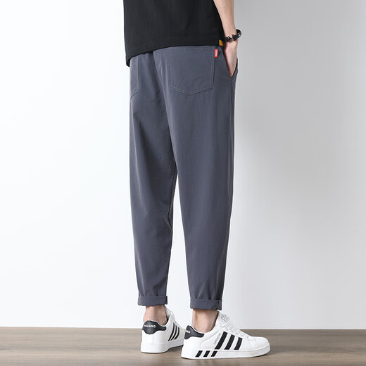 Charlotte summer ice silk casual pants for men straight and trendy brand loose quick-drying nine-point pants for summer thin handsome sports pants 719 black L [recommended 110-130Jin [Jin equals 0.5 kg]]