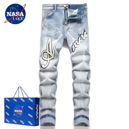 
NASALIKE letter embroidered tiger jeans men's fashion AM trendy brand slim-fit new style ripped high street handsome little feet black embroidered patch jeans blue 719 L