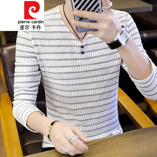 皮尔卡丹（pierre cardin）男士V领长袖T恤2025春秋新款撞色条纹针织潮流休闲 6188黑色 M