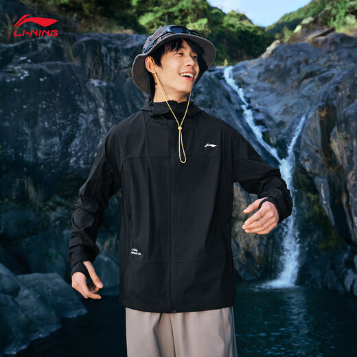 Li Ning original yarn sun protection clothes hooded sports windbreaker men's anti-exposure and cool feeling fashionable printed summer casual jacket [cool sun protection] black 603-2 L
