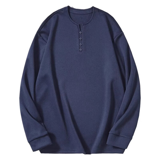 Jeanswest American Retro Henley Collar Long Sleeve T-Shirt Men's 2025 Spring Loose Casual Bottoming Shirt Men's Navy 3XL