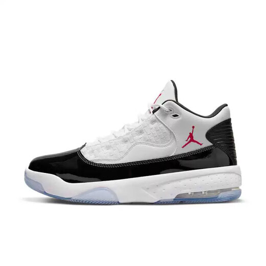 Nike (Nike) Chaussures masculines 2025 Printemps et automne New Jordan Max Aura 2 Mentiage de basket-ball pour hommes Sports et chaussures décontractées CK6636-102 Cuir breveté blanc et noir 40