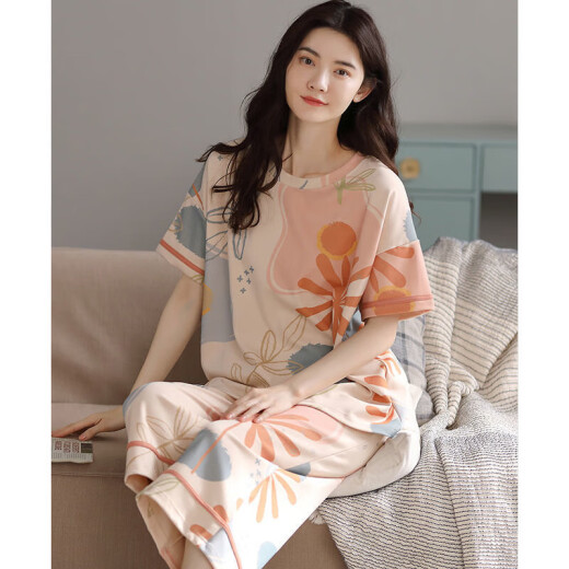 都市丽人睡衣女夏季纯棉短袖七分裤可外穿全棉家居服全棉套装 YZT9854 M 75-95斤