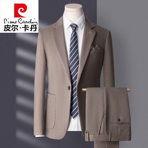 Pierre Cardin high-end suit suit men's business casual formal dress groom wedding dress thickened slim small suit jacket knitted khaki (suit + trousers) shirt tie 3XL