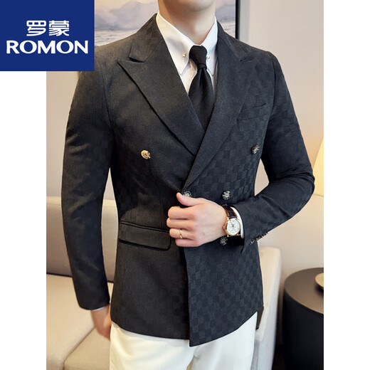 罗蒙（ROMON）双排扣格子西装外套男2025新款潮流时尚商务休闲百搭潮流修身西服 浅灰色 M (95-110斤)