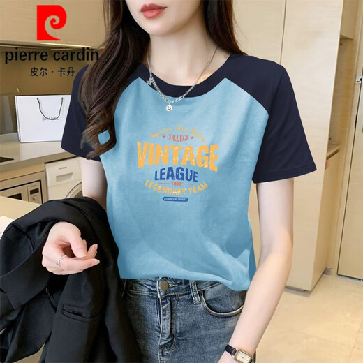 Pierre Cardin Kurzärmeliges T-Shirt für Frauen 2025 Neue Sommer Raboss Sleeve reines Baumwoll einzigartiges modisches Slim Top Design 1476 Blumengrau/Prince Blue Raboss Kurzärärmelte (schwarzer Druck M 100-115jin [Jin gleich 0,5 kg]