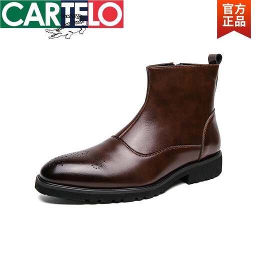 卡帝乐鳄鱼（CARTELO）切尔西男靴秋冬高帮休闲皮鞋英伦风百搭男士网红时尚尖头马丁靴男 X.M841-5棕色(内增高) 39