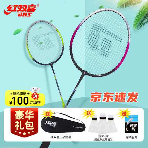 红双喜（DHS）羽毛球拍对拍套装含球训练比赛成人儿童学生防磨羽拍2支双拍