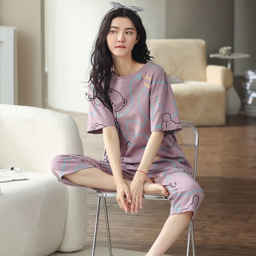 莫代尔睡衣女夏天纯棉短袖七分裤夏季薄款可外穿夏款女士家居服套装 CY9755MF7050 XL [建议体重120-140斤]