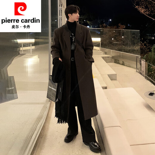 Pierre Cardin Spring and Autumn Korean Maillard Woolen Coat Men's Mid-Length Shoulder-Pad Windbreaker Over-the-Knee Loose Woolen Coat Brown (Single Lined) M