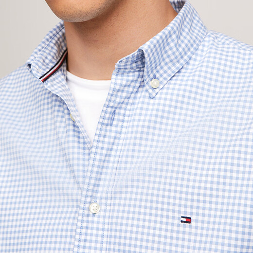 Tommy Hilfiger秋冬男装经典1985纯棉牛津纺小格纹商务休闲长袖衬衫外套 蓝白格纹0MT S （推荐：120-135斤）