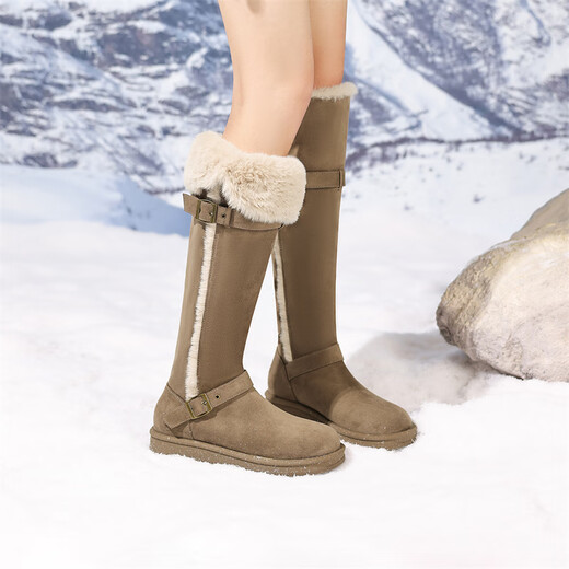 达芙妮长靴雪地靴女厚底长筒靴加绒保暖2025新款增高防寒东北北方加厚 卡其 36 (230mm) 标准码