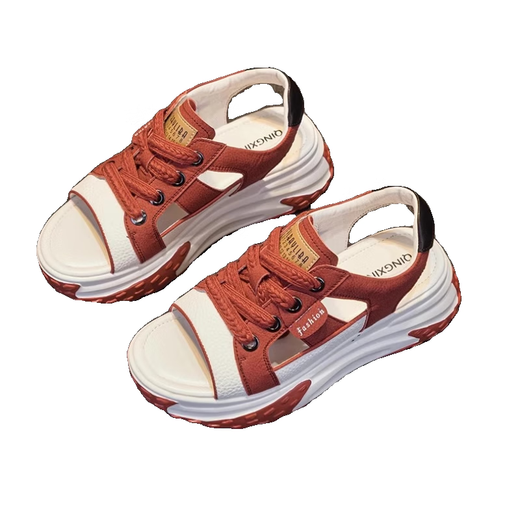 Yierkang Prince Shoes for Women 2025 Summer New Sandals Genuine Leather Thick Sole Versatile Casual Dad Shoes Fish Mouth Breathable Driving Women's Shoes Red for Long Walking 36