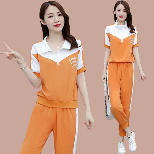 Woodpecker (TUCANO) costume décontracté en soie glacée pour femmes 2025 été nouveau lâche grande taille à la mode anti-âge vêtements de sport à manches courtes ensemble deux pièces (684) Orange M (100 Jin Jin recommandé est égal à moins de 0,5 kg)