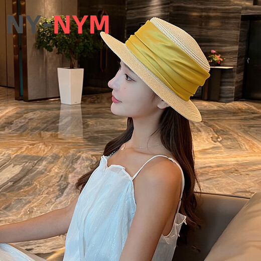 NY-NYM设计师法式绸缎气质礼帽女褶皱织带草帽夏季防晒遮阳帽度假太阳帽 米色-杏色带 M(56-58cm)