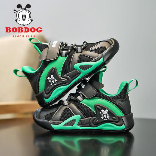 Babudou-Jungenschuhe 2024 Sommer Neues Single-Mesh atmungsaktives leichter Kleidung-resistenter weicher alleiniger Kinderschuhe 5303 Fruchtgrün schwarz (Mesh 31 (innere Länge 19,6 cm