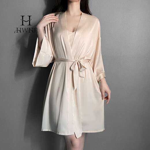 HWHE轻奢品牌带胸垫性感冰丝睡衣女夏季新款薄款吊带睡裙睡袍套装 ALT-ZP5008 雾蓝色套装 带胸垫 XL 【建议116-130斤】