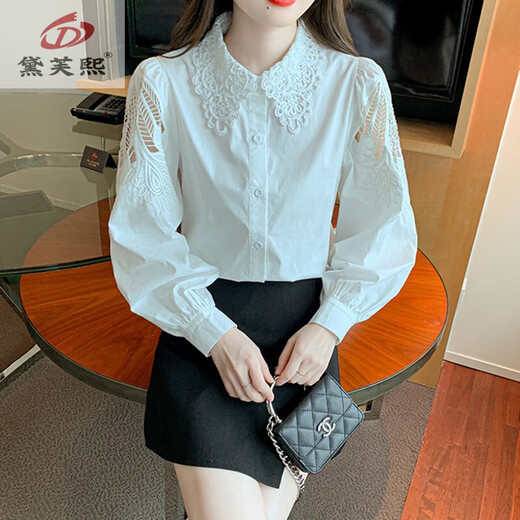 黛芙熙刺绣棉衬衫女2025年秋装新款时尚绣花白色衬衣宽松百搭长袖上衣 CY9227 白色 S 【建议75-95斤】