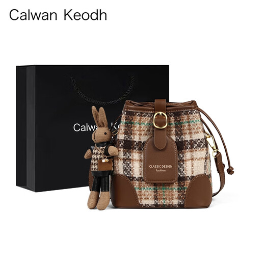 CALWAN KEODH包包女包2025新款斜挎包高级感通勤单肩水桶包生日元旦礼物送女友 【咖色】轻奢时尚百搭格纹包实用走心女生闺蜜