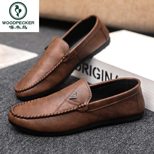 
Woodpecker black men's beanie shoes men's spring one-legged formal soft sole breathable loafers men's 2025 new British style YL-D829 brown 40