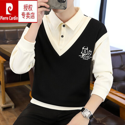 Pierre Cardin Shirt Collar Sweathirt Men de printemps et d'automne deux pièces épissées T-shirt à manches longues décontractées