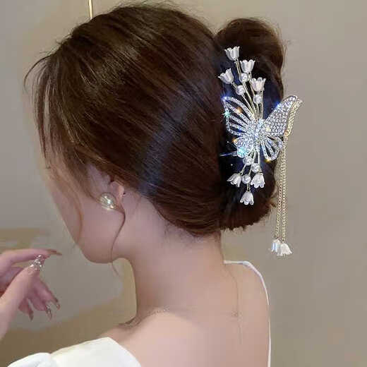 允茹蝴蝶发夹女后脑勺抓夹大号高感2025新款高端头饰珍珠流苏鲨鱼夹 蝴蝶铃兰流苏抓夹
