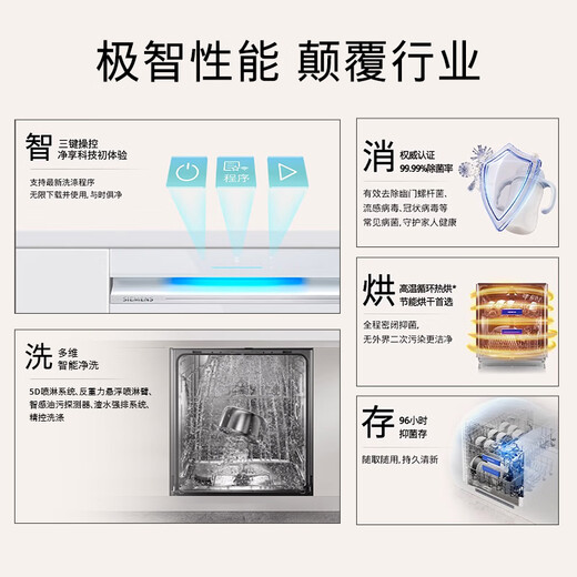 SIEMENS Ultra-pure magic box dishwasher 14+2 sets of built-in household large capacity high temperature cycle hot drying 96 hours antibacterial storage SJ43XW33KC