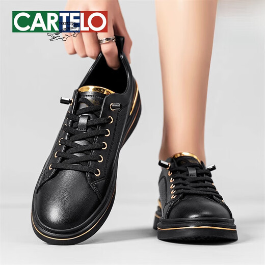 卡帝乐鳄鱼板鞋男感黑色男士休闲皮鞋真皮镂空透气一脚蹬男鞋 黑色-镂空透气-6630T 39 标准运动鞋码