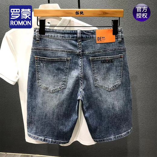 罗蒙（ROMON）2025夏季牛仔中裤印花潮牌复古怀旧水洗韩版修身五分裤弹力短裤男 深蓝 9902 34