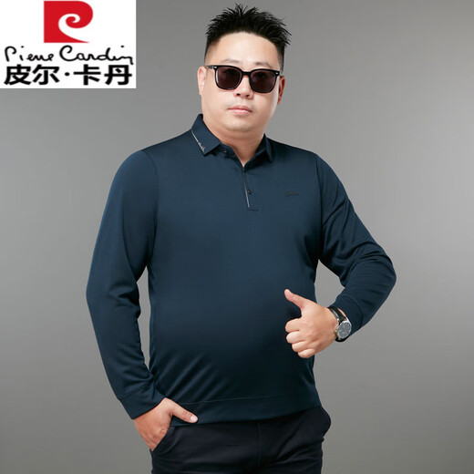 皮尔卡丹（pierre cardin）胖子大码男装长袖T恤宽松翻领加肥加大中年爸爸秋衣大肚子Polo衫 蓝色:F9923 5XL :建议220-240斤