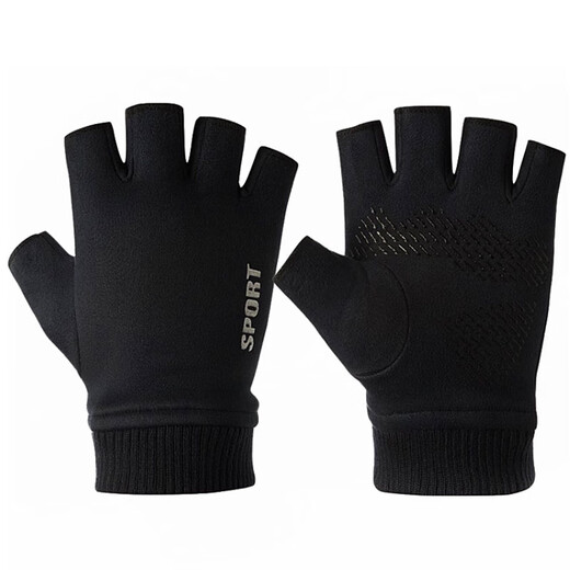 Buckskin gloves, outdoor cycling gloves, autumn and winter half-finger motorcycle motorcycle warm men's touch screen exposed finger, exposed two fingers black