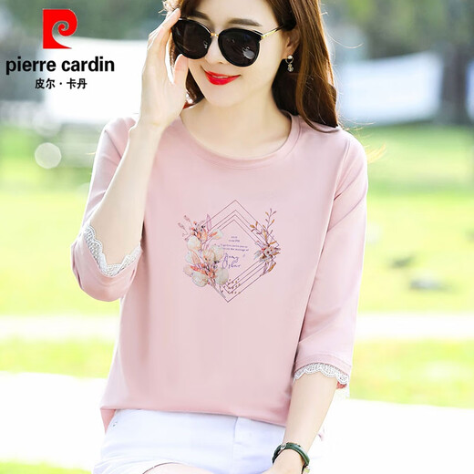 Pierre Cardin reines Baumwoll 70-viertel-Hülsen-T-Shirt für Frauen Lose Temperament Alter reduzierende rosa mittelschließende Frühlings- und Herbst-Sommerkleidung 2025 Neues Top W6160 Graupulver + W6172 ICE Blue M (Empfohlen 80-105 Jin [Jin gleich 0,5 kg]))