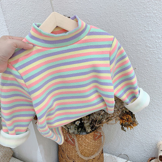 Vinoa Children's Thermal Underwear Autumn and Winter Style for Boys and Girls Thickened Velvet Bottoming Shirt Baby Half Turtle Collar Inner Top Derong-Pink Rainbow-Warm 90